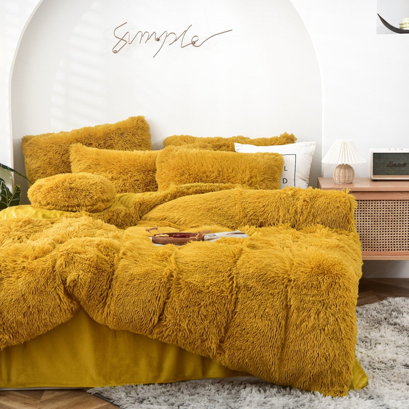 High Quality Long hair bedding set Green Mink Flannle Velvet Fleece Duvet CoverThicken Warm Home Linen 3/4 Heart Cushion Sheet