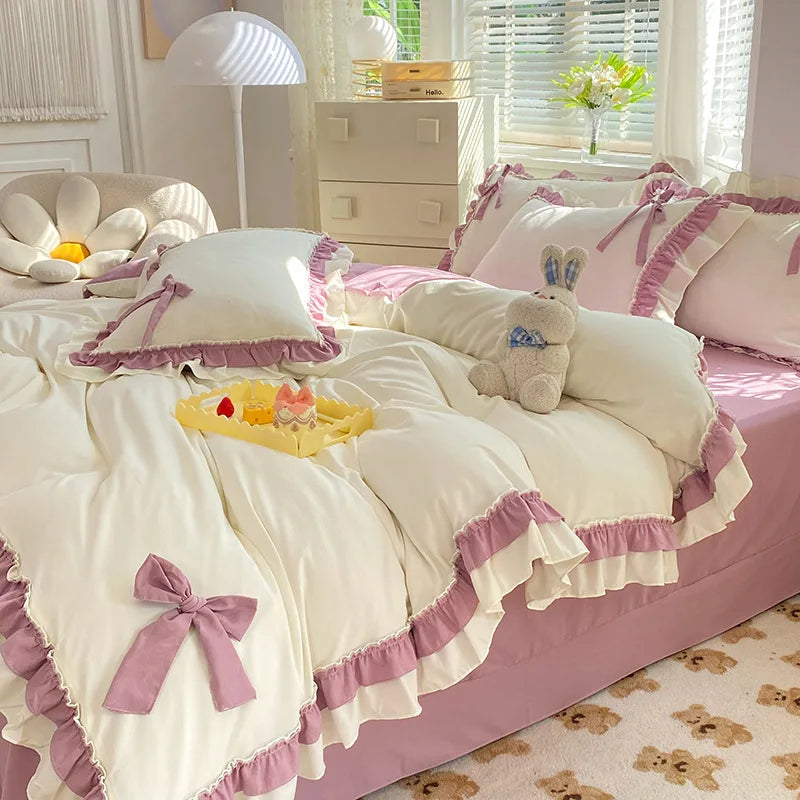 Pink Lace Ruffle Bowknot Duvet Cover Bed Skirt Linens Pillowcases Luxury Bedding Set For Girls Woman Decor Home
