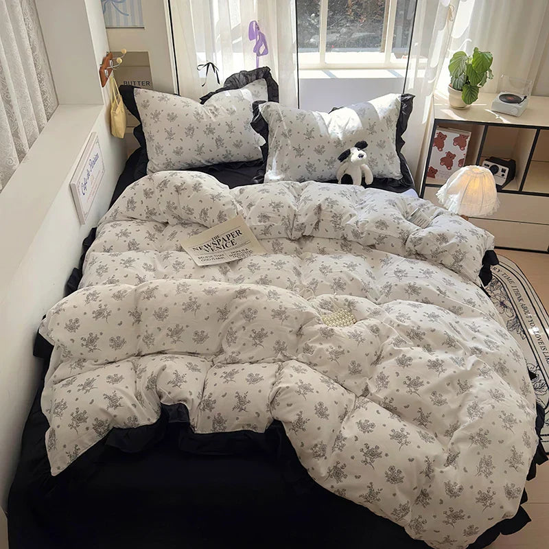 New French Lace Wash Quilt Cover Korean-style Romantic Herben-style Black Print Four-piece Set Skin Friendly Bedding Set