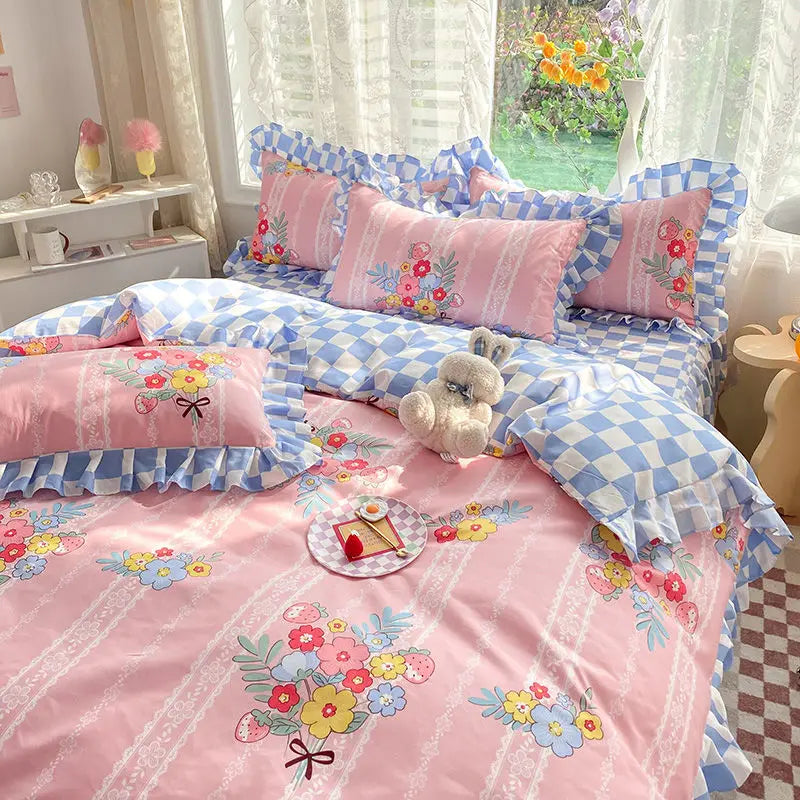 Pink Korean Princess Bedding Set No Filling Cute Strawberry Duvet Cover Checkerboard Single Queen Size Bed Linen Pillowcases