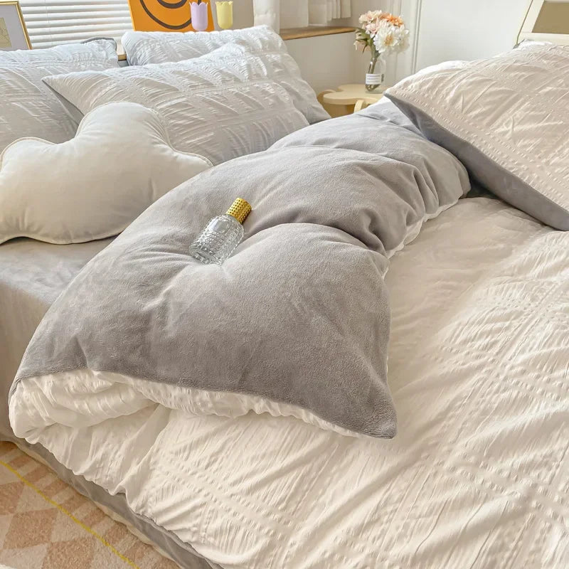 Home Textile Winter Coral Velvet Quilt Cover Four Piece Set Seersucker Duvet Cover Bed Sheet Pillowcase Comforter Bedding Set