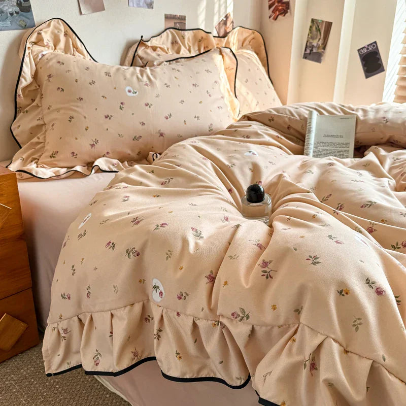 Korean Style Floral Ruffles Knitted Double Yarn Bedding Set Double King Queen Size Duvet Cover Flat/Fitted Bed Sheet Pillowcases