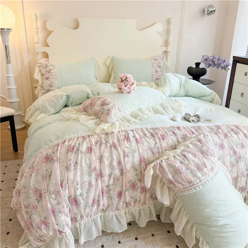 Princess Style Duvet Cover Sets with Lace Embroidery Bed Cover for Girls Queen/King Size 이불커버 Soft Pink Bedding with Ruffles