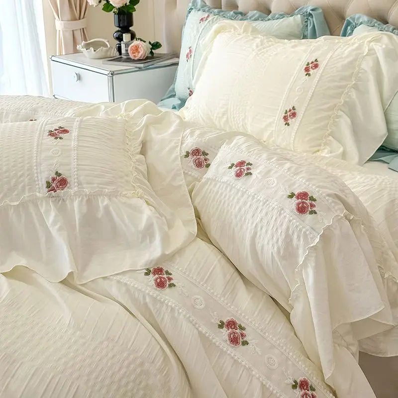 Lace Bedding Set for Girls, Princess Duvet Cover with Sheet, Soft Washed Cotton, French Romantic Home Textiles, Elegant and Soft