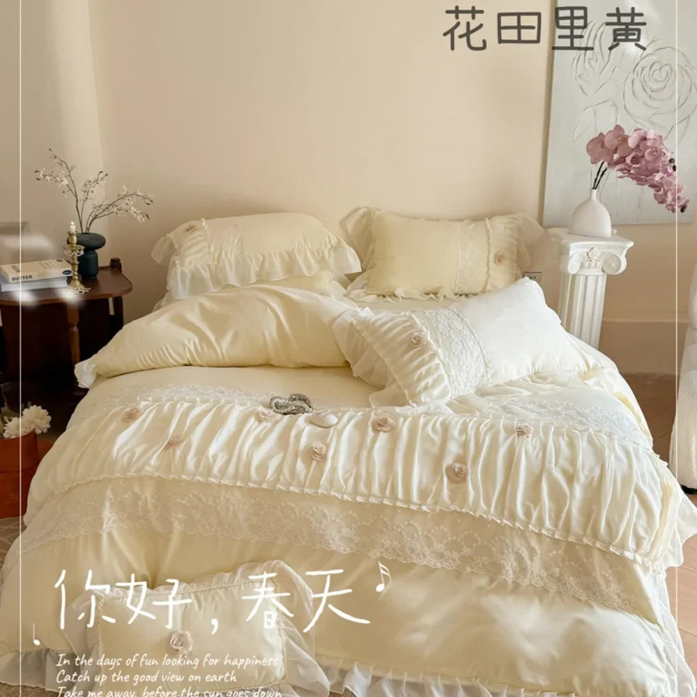 Princess Style Lace Ruffles Wedding Bedding Set Korean Soft Rose Flowers Four-Piece Set Duvet Cover Bed Sheet Pillowcase 4Pcs