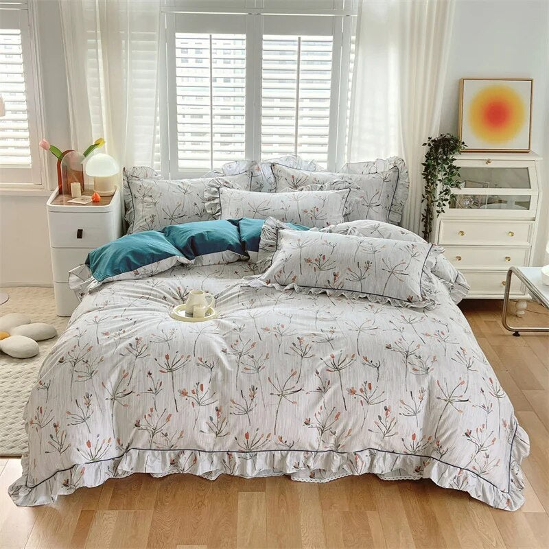 Ruffle Bedding Set 100% Cotton 1 Duvet Cover 2 Pillowcases No Sheet Ultra Soft Touch Floral Style 200x230 220x240