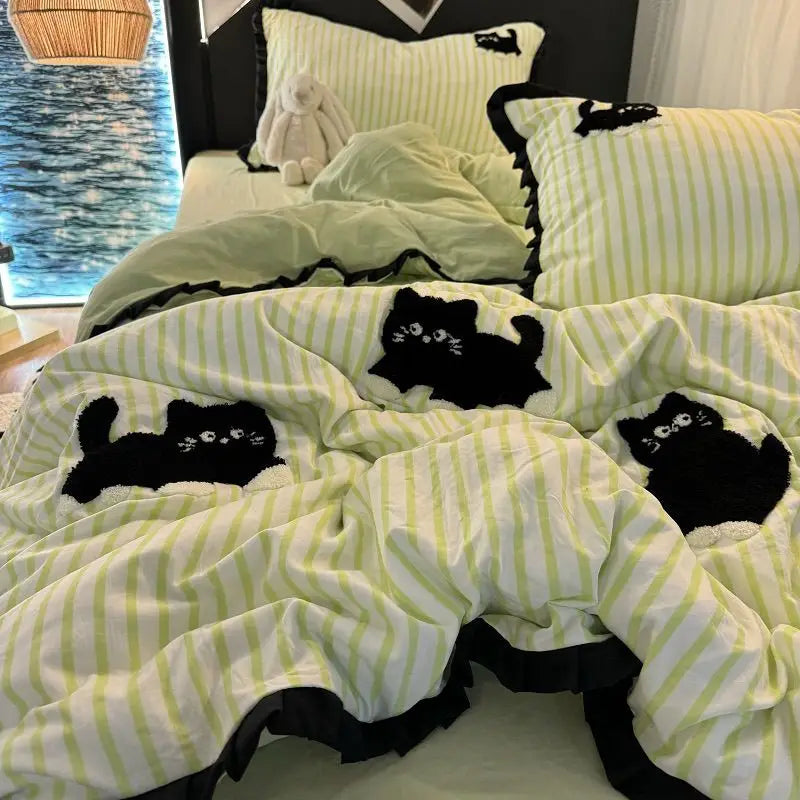 Pink Striped Cat Embroidery Bedding Set Korean Style Washing Cotton Cute Cardboard Duvet Cover Bed Sheet Pillowcases 3/4pcs