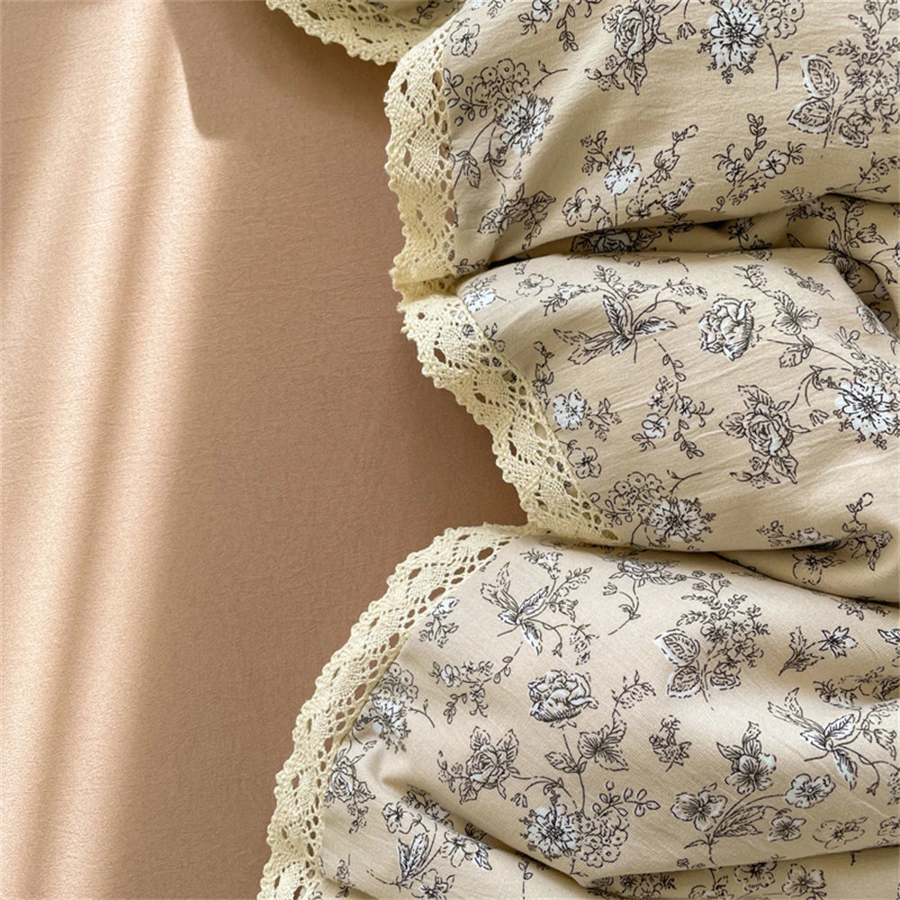INS Girls Cherry Soft Bedding Set Washed Cotton Bed Sheet Queen King Size Duvet Set Flower Comforter Set Pillowcase Bed Linens