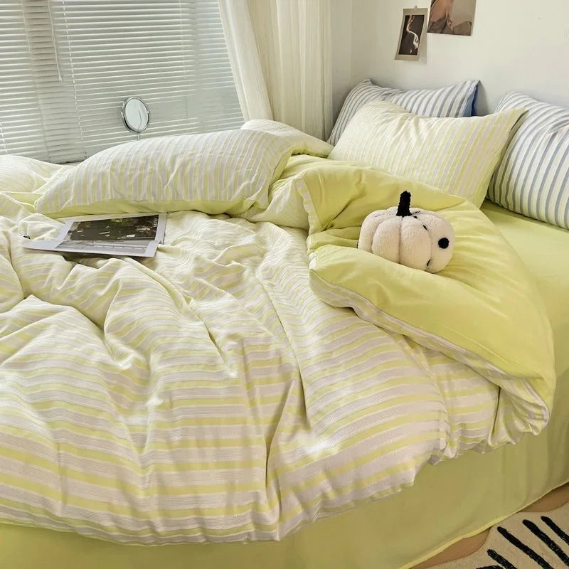 Ins Style Bedding Set Duvet Cover Wash Cotton Stripe Summer Soft Cool Summer Bed Sheet Set Comforter Set Quilt Cover