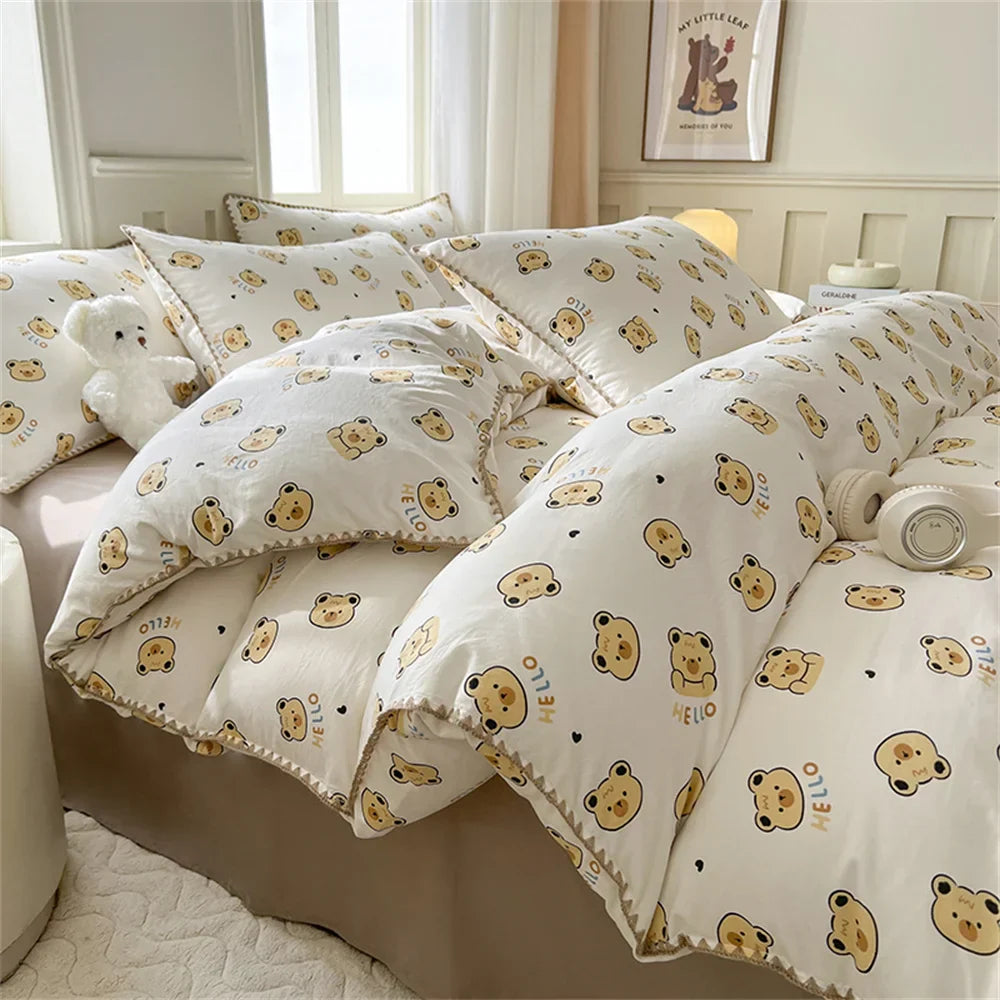 Washed Cotton Duvet Cover Purple Cherry Bed Sheet Pillowcase for Adults and Kids Home Textiles Four-piece Bedding Set