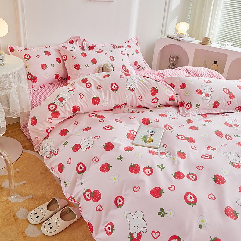 Kuup 3-4pcs Cartoon Bedding Set Duvet Cover Set Soft Bedding Printing Bed Linen Queen Size Bedding Set Fashion Design For Girl