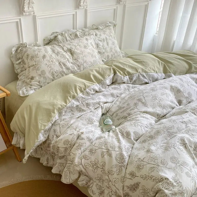 French Ins Bedding Set No Filler Korean Floral Ruffles Single Double Queen Size Duvet Cover Sheet Pillowcase Home Textile