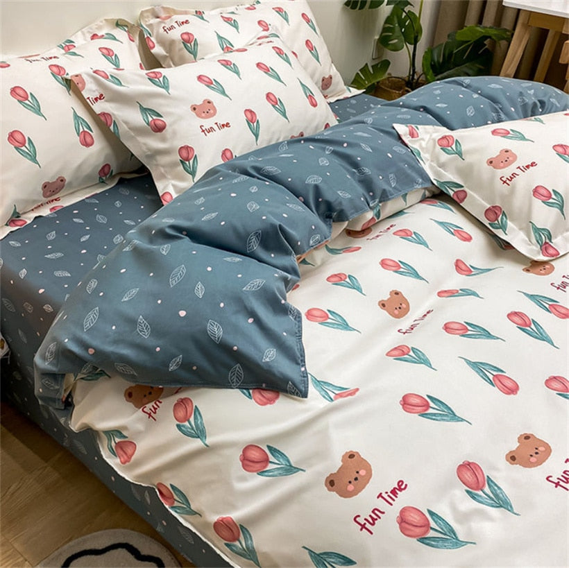 Kids Bedding Set Kawaii Cartoon Printed Duvet Cover Flat Sheet Pillowcase Soft Bed Linens Dormitory Bedroom Home Textile