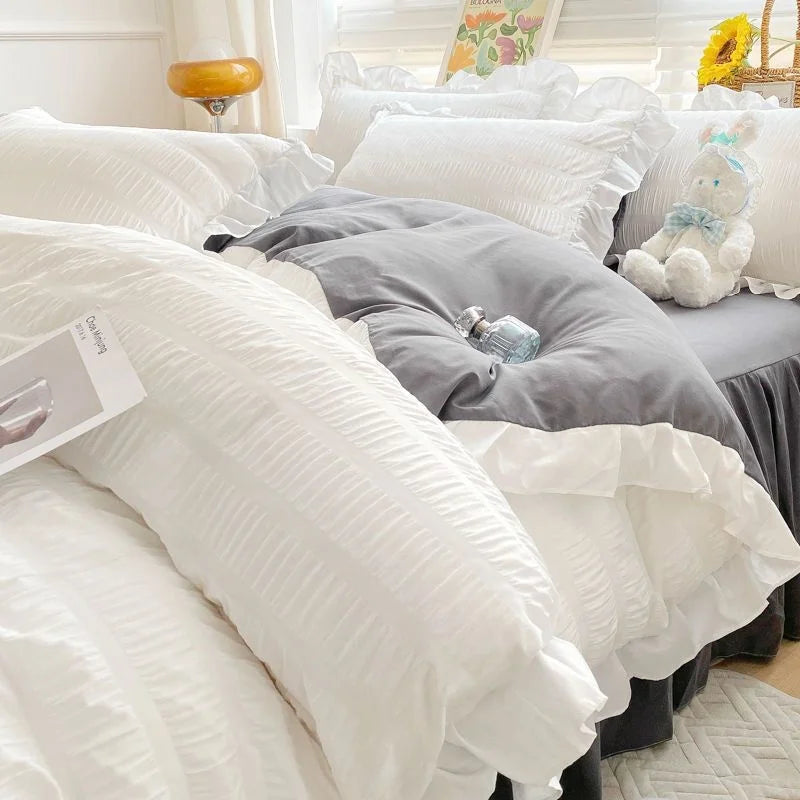 Korean Style Bedding Set Duvet Cover Flat Bed Sheet Bed Skirt Princess Style Ruffle Quilt Cover For Girls Summer Bed Linen