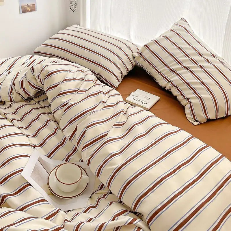 Simple Style Red And Blue Strip Duvet Cover Set Bed Sheet Set Washed Cotton Bedding Set