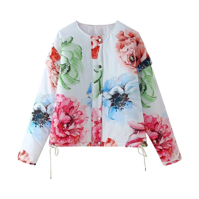 Retro Floral Thin Quilted Zip Up Jacket