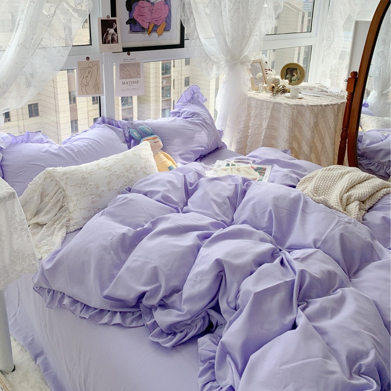 Korean Girl Princess Style Solid Color Bedding Fitted Set Cute Cotton Ruffle Duvet Cover With Pillow Case Full Queen Bed Sheets