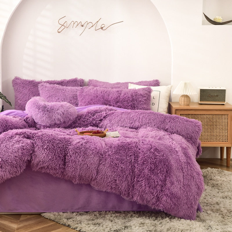 High Quality Long hair bedding set Green Mink Flannle Velvet Fleece Duvet CoverThicken Warm Home Linen 3/4 Heart Cushion Sheet