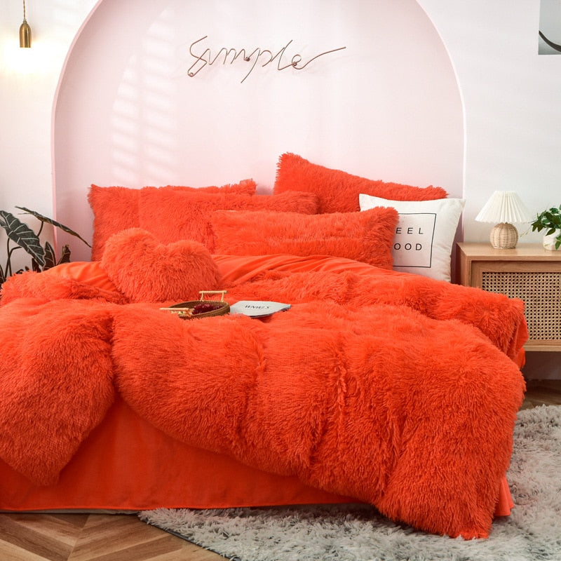 High Quality Long hair bedding set Green Mink Flannle Velvet Fleece Duvet CoverThicken Warm Home Linen 3/4 Heart Cushion Sheet