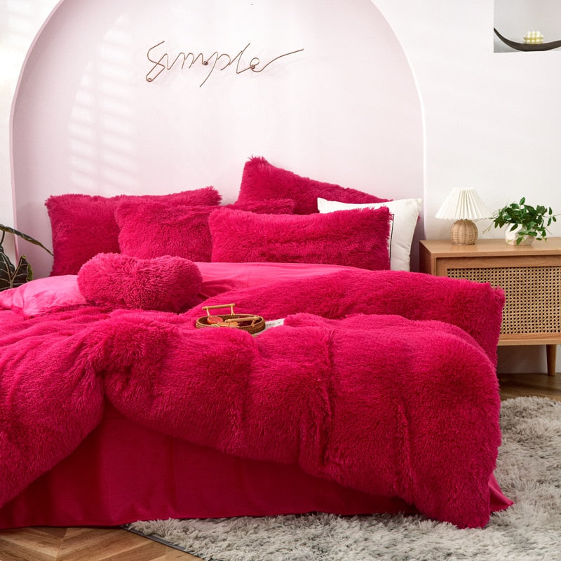 High Quality Long hair bedding set Green Mink Flannle Velvet Fleece Duvet CoverThicken Warm Home Linen 3/4 Heart Cushion Sheet