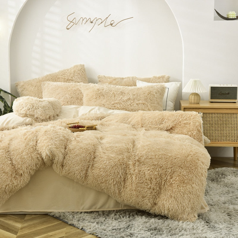 High Quality Long hair bedding set Green Mink Flannle Velvet Fleece Duvet CoverThicken Warm Home Linen 3/4 Heart Cushion Sheet