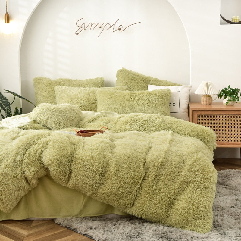 High Quality Long hair bedding set Green Mink Flannle Velvet Fleece Duvet CoverThicken Warm Home Linen 3/4 Heart Cushion Sheet