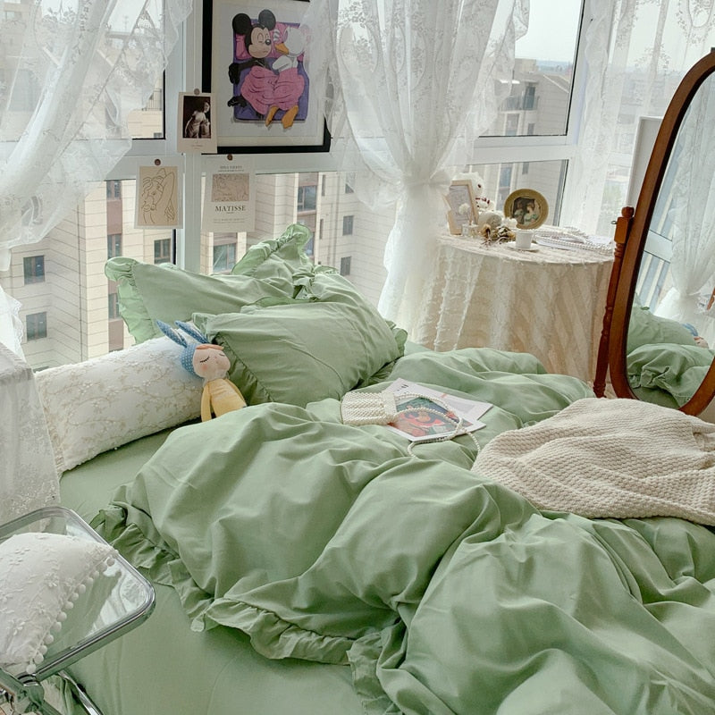 Korean Girl Princess Style Solid Color Bedding Fitted Set Cute Cotton Ruffle Duvet Cover With Pillow Case Full Queen Bed Sheets