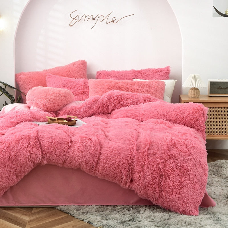 High Quality Long hair bedding set Green Mink Flannle Velvet Fleece Duvet CoverThicken Warm Home Linen 3/4 Heart Cushion Sheet