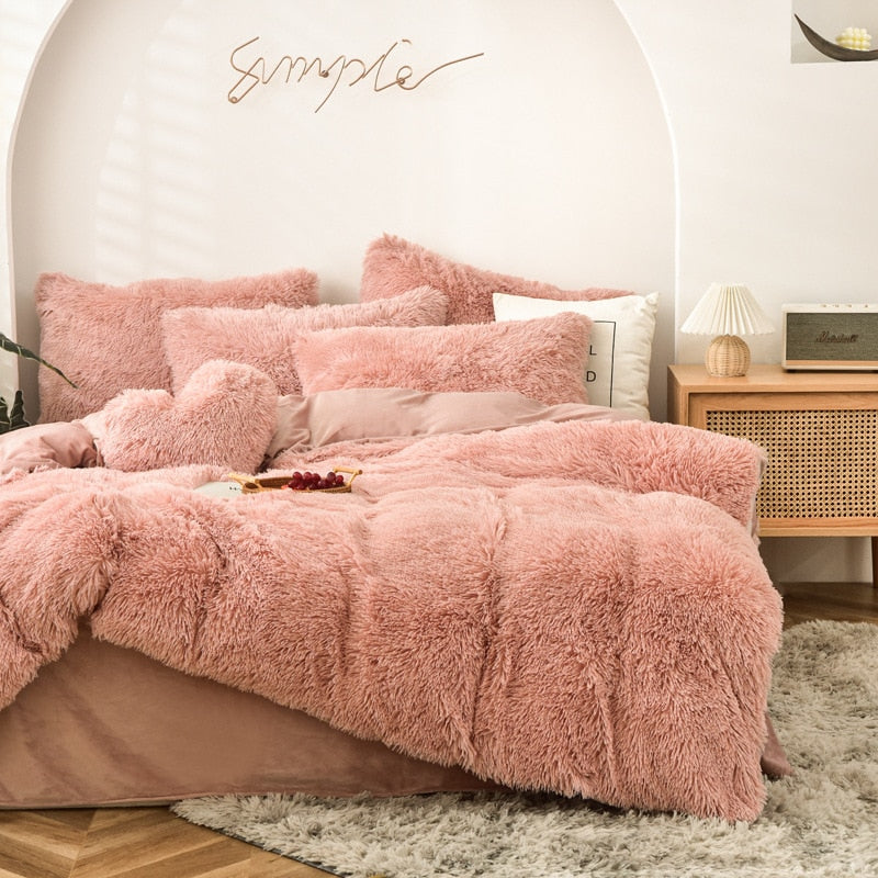 High Quality Long hair bedding set Green Mink Flannle Velvet Fleece Duvet CoverThicken Warm Home Linen 3/4 Heart Cushion Sheet