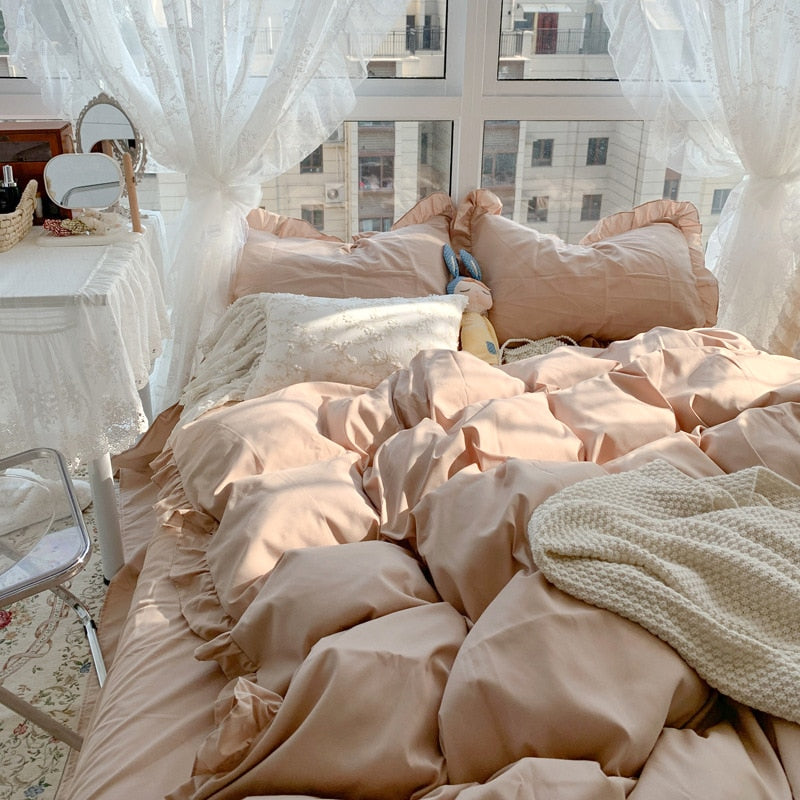 Korean Girl Princess Style Solid Color Bedding Fitted Set Cute Cotton Ruffle Duvet Cover With Pillow Case Full Queen Bed Sheets