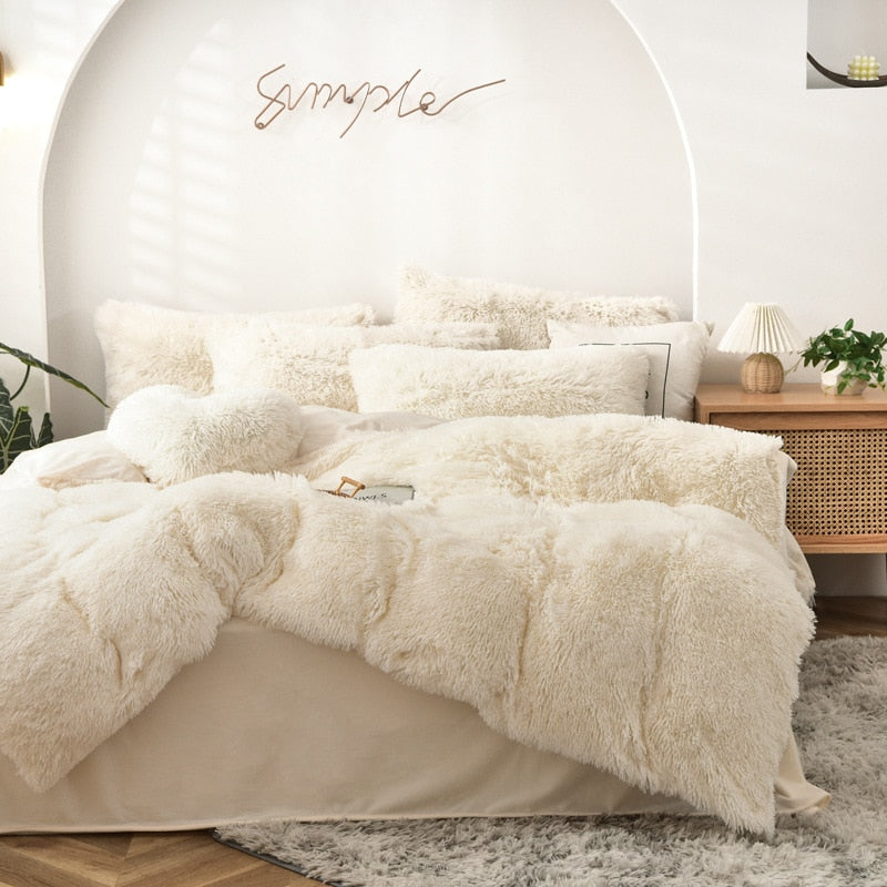 High Quality Long hair bedding set Green Mink Flannle Velvet Fleece Duvet CoverThicken Warm Home Linen 3/4 Heart Cushion Sheet