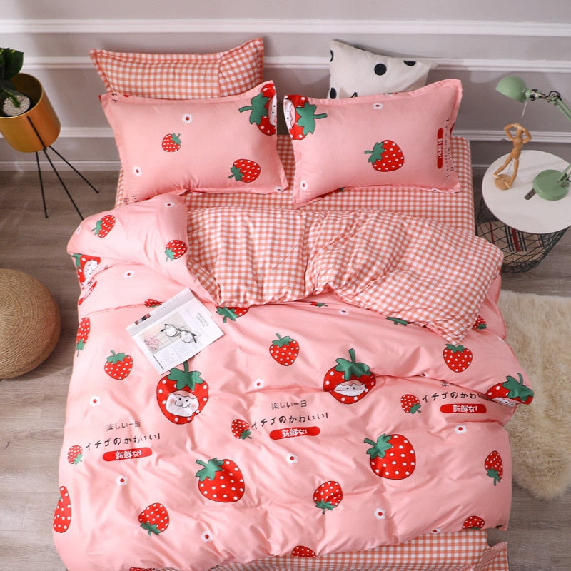 Home Textile Girl Boy Kids Bedding Set Red Cherries Duvet Cover Sheet Pillowcase Woman Adult Beds Sheet King Queen Full