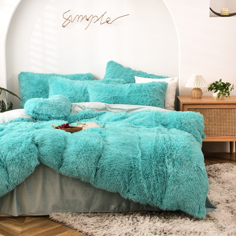 High Quality Long hair bedding set Green Mink Flannle Velvet Fleece Duvet CoverThicken Warm Home Linen 3/4 Heart Cushion Sheet