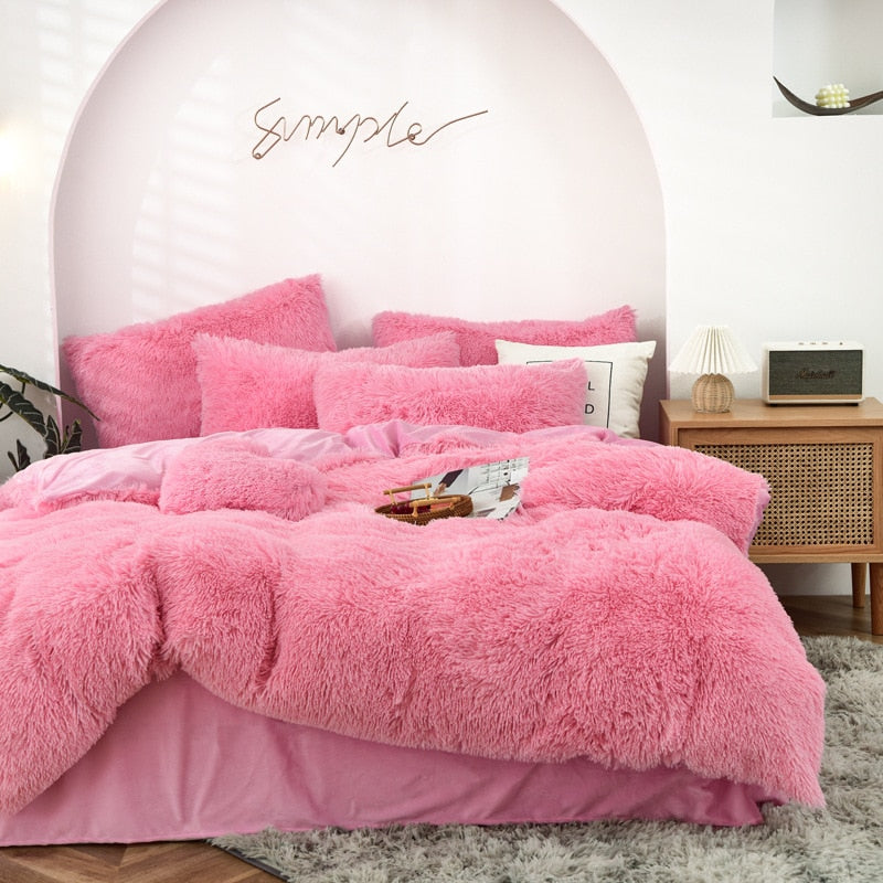 High Quality Long hair bedding set Green Mink Flannle Velvet Fleece Duvet CoverThicken Warm Home Linen 3/4 Heart Cushion Sheet