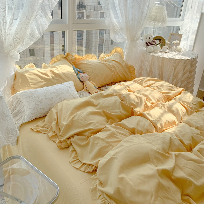 Korean Girl Princess Style Solid Color Bedding Fitted Set Cute Cotton Ruffle Duvet Cover With Pillow Case Full Queen Bed Sheets