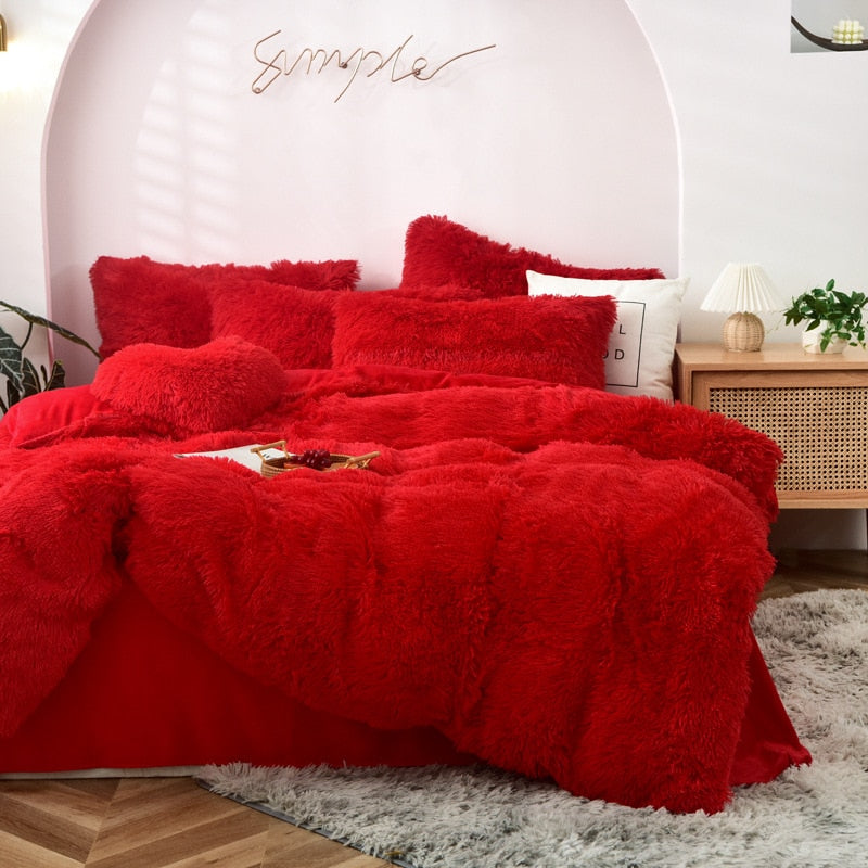 High Quality Long hair bedding set Green Mink Flannle Velvet Fleece Duvet CoverThicken Warm Home Linen 3/4 Heart Cushion Sheet