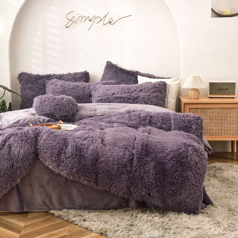 High Quality Long hair bedding set Green Mink Flannle Velvet Fleece Duvet CoverThicken Warm Home Linen 3/4 Heart Cushion Sheet