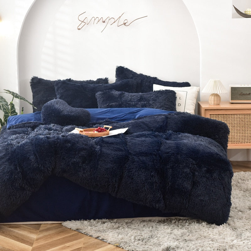 High Quality Long hair bedding set Green Mink Flannle Velvet Fleece Duvet CoverThicken Warm Home Linen 3/4 Heart Cushion Sheet
