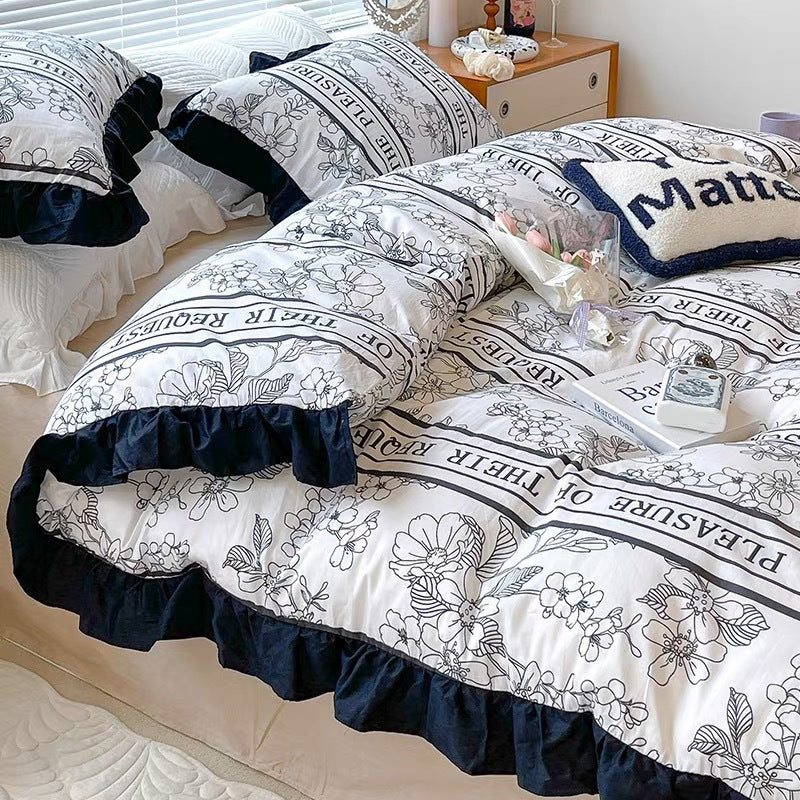 Cotton French retro bedding set four-piece set pure cotton Hepburn style bedding three-piece set black and white lace quilt cover