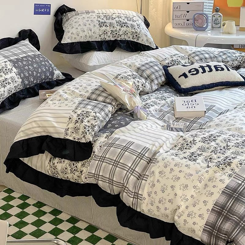 Cotton French retro bedding set four-piece set pure cotton Hepburn style bedding three-piece set black and white lace quilt cover