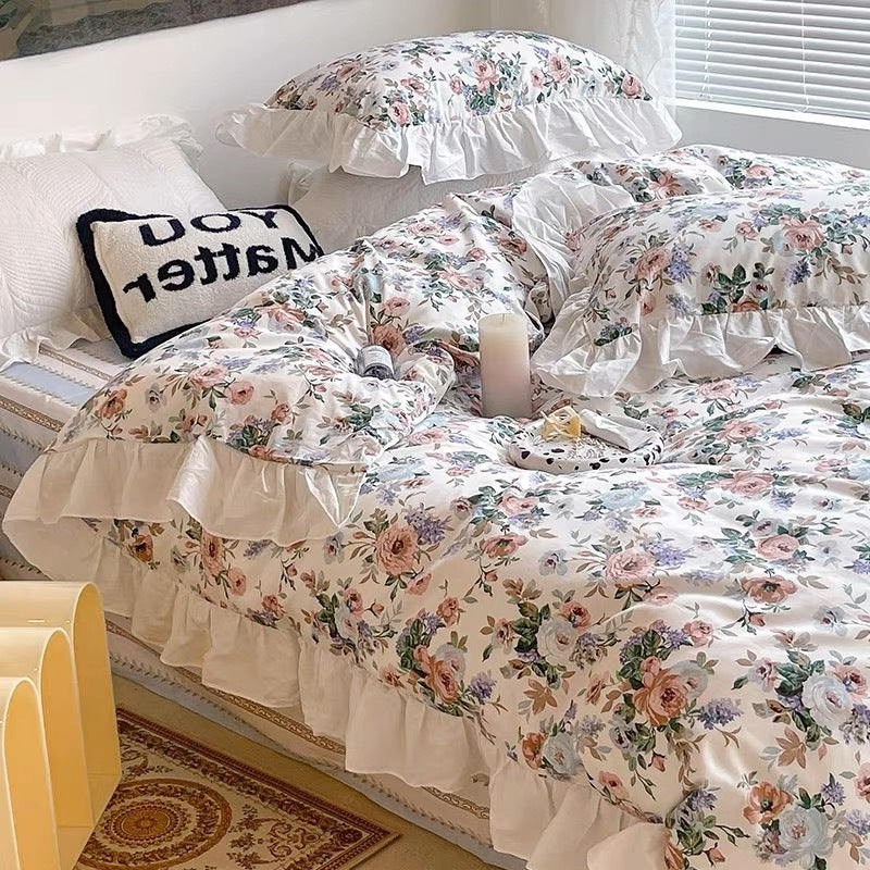 Cotton French retro bedding set four-piece set pure cotton Hepburn style bedding three-piece set black and white lace quilt cover