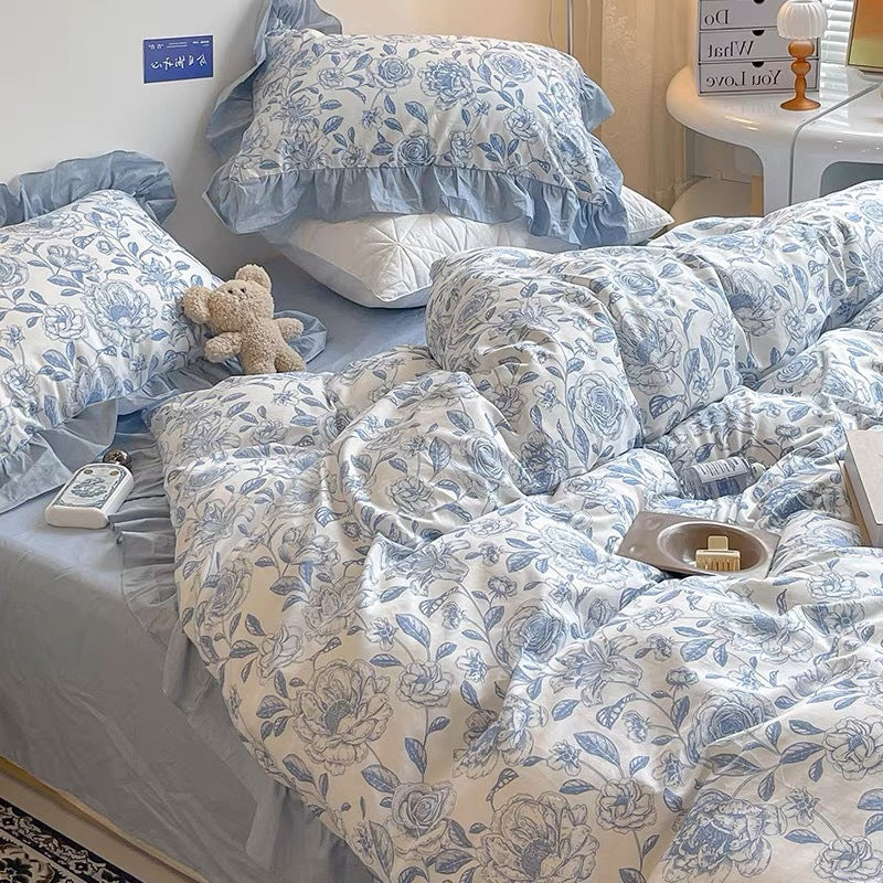 Cotton French retro bedding set four-piece set pure cotton Hepburn style bedding three-piece set black and white lace quilt cover