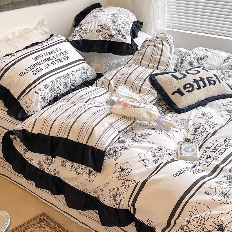 Cotton French retro bedding set four-piece set pure cotton Hepburn style bedding three-piece set black and white lace quilt cover