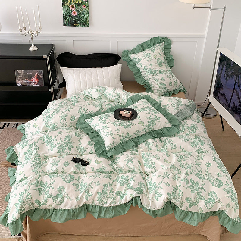 Cotton French retro bedding set four-piece set pure cotton Hepburn style bedding three-piece set black and white lace quilt cover