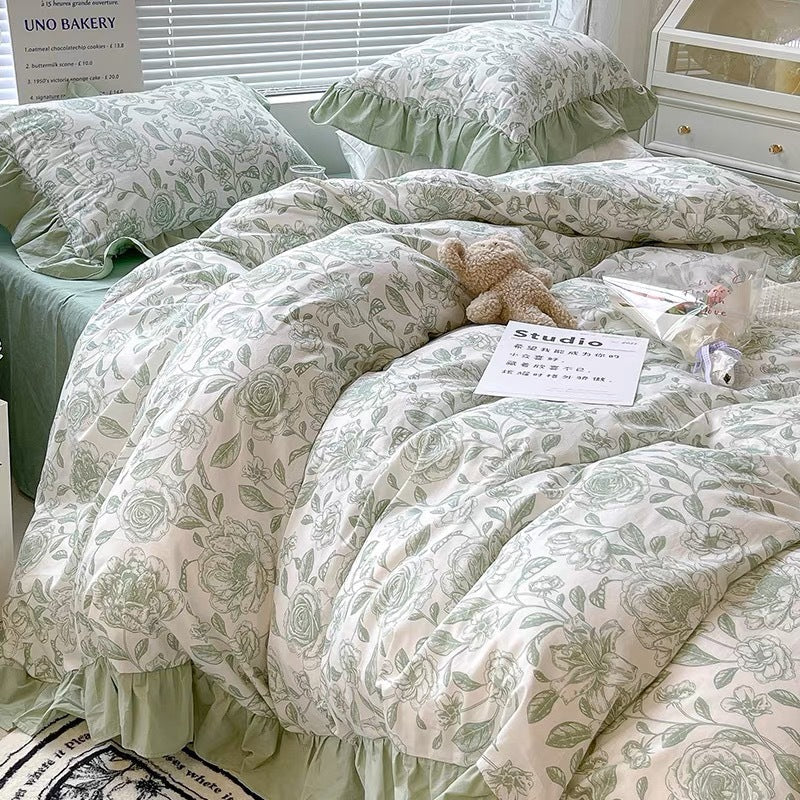 Cotton French retro bedding set four-piece set pure cotton Hepburn style bedding three-piece set black and white lace quilt cover