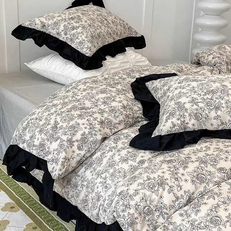 Cotton French retro bedding set four-piece set pure cotton Hepburn style bedding three-piece set black and white lace quilt cover