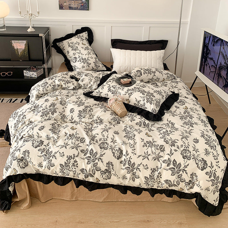 Cotton French retro bedding set four-piece set pure cotton Hepburn style bedding three-piece set black and white lace quilt cover
