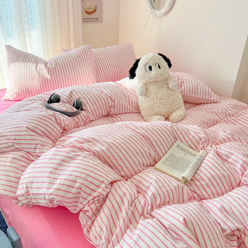New Stripe Double-Layer Yarn Quilt Cover Bed Flat sheet Pillowcase Full Queen Bed Linen Adult Kids Duvet Covers No Filling