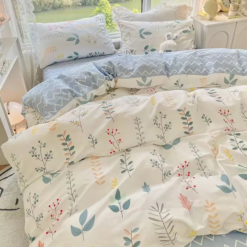 Korean Style Fashion Bedding Set Kids Adults Twin Full Queen Size Blue Bed Flat Sheet Duvet Cover Pillowcases Floral Bed Linen