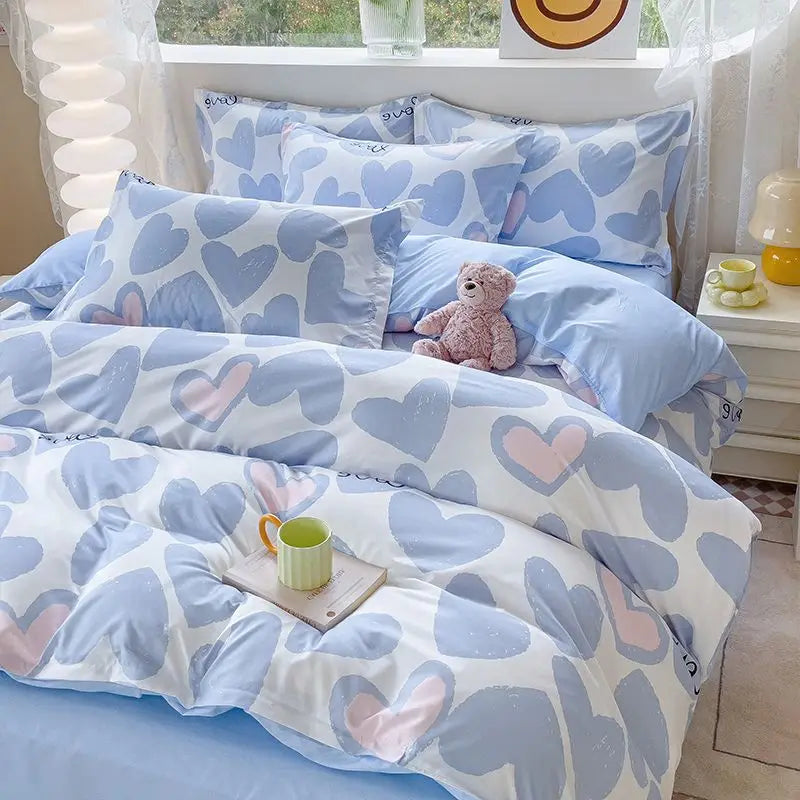 Fashion Duvet Cover Set Korean Ins Style New Flat Sheet Pillowcase No Filler Kids Adult Bedding Kit Twin Queen Bed Linen